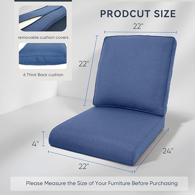Outdoor Rattan Chair Cushions 2 Packs - Outside Durable Thick Replacement Back and Seat Cushion 22x24 with Zipper Cover for Patio Glider Rocking Chairs Loveseat Couch – Blue/Regular