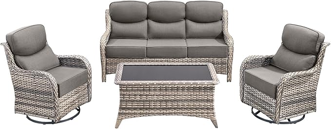 Luxury High Back Outdoor Furniture with 6-Inch Thick Cushions, Patio Furniture Set with Swivel Chairs, 4 PCS Wicker Conversation Set for Porch, Balcony, Deck and Yard