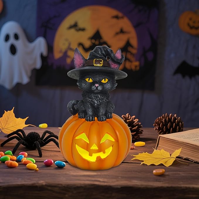 Halloween Cat Decorations in Pumpkin: 6.1'' Indoor Ornament with Witch Hat for Home Office Fireplace Party Ideal Gift for Cat Lovers (Male)