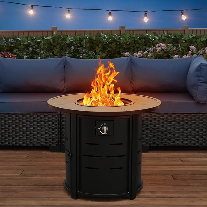 30 Inch Fire Tables Round Tabletop 50000 BTU Outdoor Fire Pits for Outside Steel Gas Fire Table with Fire Pit Lid Waterproof Cover, Black