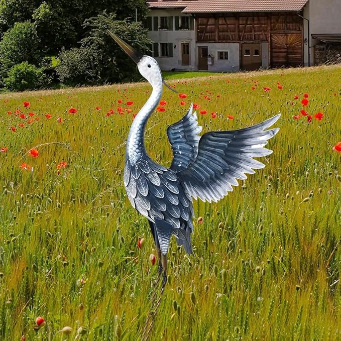 37 Inch Blue Heron Metal Yard Art, Garden Sculpture Spreading Wings for Patio, Lawn, and Backyard