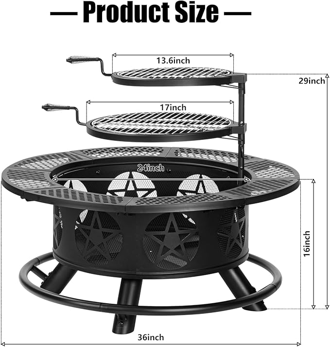36 Inch Fire Pit with 2 Grills, Wood Burning Fire Pits for Outside with Lid & Poker, BBQ& Outdoor Firepit & Round Metal Table 3 in 1 for Patio, Picnic, Party