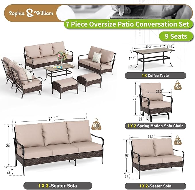 Sophia & William Patio Furniture Set, Outdoor Metal Conversation Set 9 Seats with 3-Seater Sofa, 2 Motion Chairs, 1 Loveseat, 2 Ottoman,1 Coffee Table for Seating, Lawn Porch Backyard,Beige