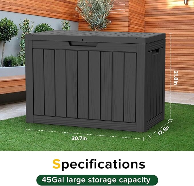 45 Gallon Waterproof Deck Box, Lockable Resin Storage Box for Patio Furniture Cushions, Garden Tools & Outdoor Delivery - Black, Easy Assembly, Multipurpose Patio Seat Bench