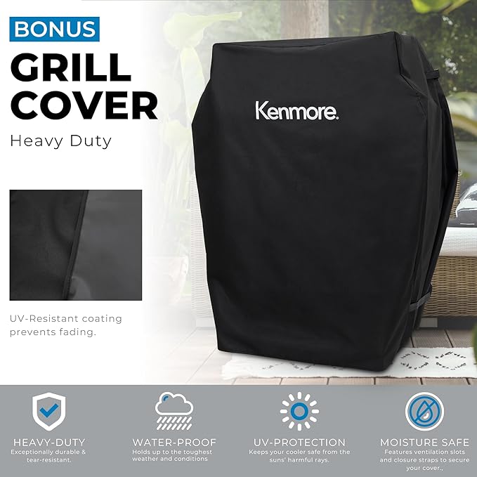 Kenmore 3-Burner Propane BBQ Grill, 30,000 BTUs Gas Grill with Cast Iron Cooking Grates, Folding Side Tables & Wheels, Outdoor Grill with Tool Hooks, Teal + Bonus Cover