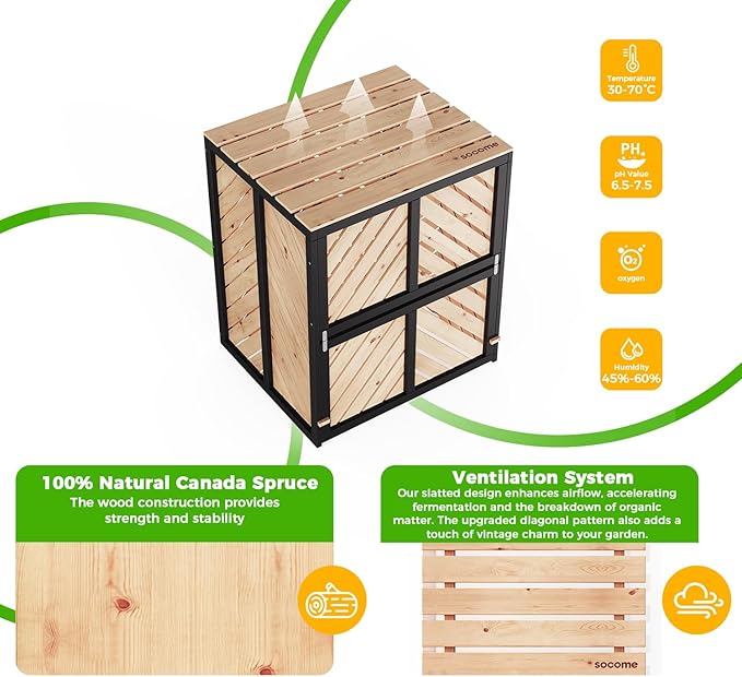 115 Gallon Solid Wood Composter, Outdoor Compost Bin with Pull-Out Door and Flip-Top Lid, Heavy Duty Composting Bin for Outside Backyard, Garden, Patio, Natural