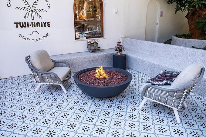 Rose Bowl Concrete Fire Pit 48" x 48" Outdoor Patio Firepit Includes Lava Rocks Modern Fire Pits & Outdoor Fireplaces for Garden, Deck, Indoor & Outdoor Heating