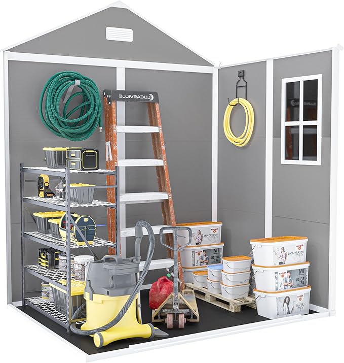 6x5 FT Resin Storage Shed,Garden House with Floor & Lockable Door,Waterproof Plastic Tool Sheds W/Slanting Roof Visual Window & Air Vents for Bicycles,Lawnmowers,Lawn,All Weather Use,Gray