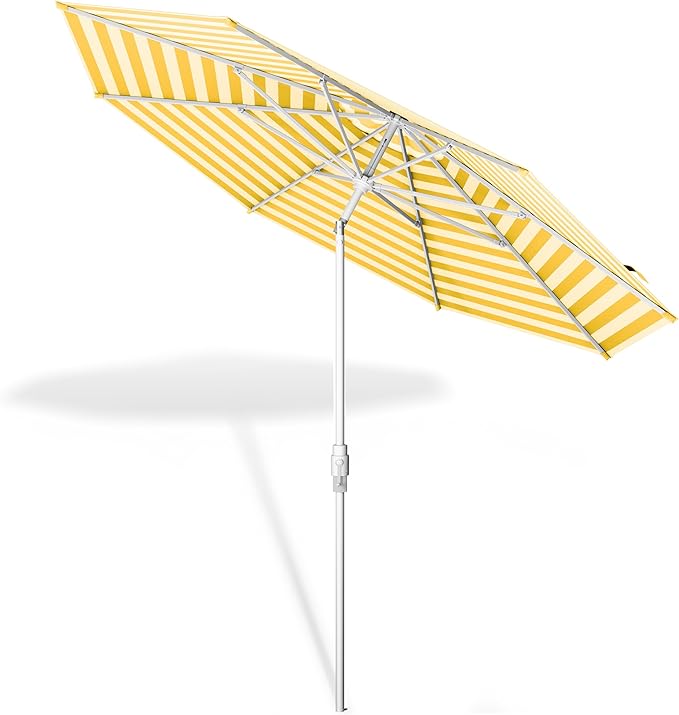 Midtown Umbrellas The Swilt 8 Feet Patio Umbrella in Terylast Sunny Stripes (White/Yellow) Polyester Fabric - Fiberglass Ribs, Auto-Tilt Aluminum Frame For Backyard, Deck, Garden, Pool - White Pole