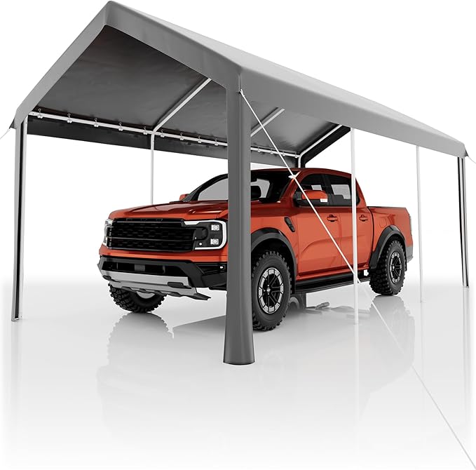 10x20ft Metal Carport Garage with PE Fabric and Galvanized Steel Frame Leg Wrap Carport for Outdoor Shelter for Cars, Trucks and Boats - Gray