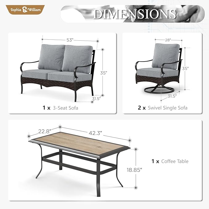 Sophia & William Patio Furniture Set, 4 Piece Metal Outdoor Conversation Set with 2-Seater Outdoor Couch, 2 Swivel Chairs, 1 Coffee Table for Outdoor Seating, Backyard, Porch(Grey)