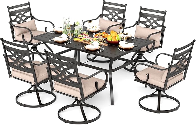 PHI VILLA 7 Pcs Patio Dining Set,Outdoor Table Chair Set for 6 with Outdoor Swivel Chairs and Metal Frame Steel Rectangular Table,Outdoor Dining Furniture with Cushion and Pillow for Garden Lawn Deck