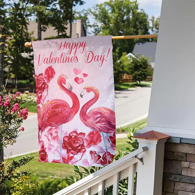 Happy Valentine'S Day Flamingo Rose Garden Flag Welcome Party Outdoor Outside Decorations Picks Home House Garden Yard Decor 12x18 Inch