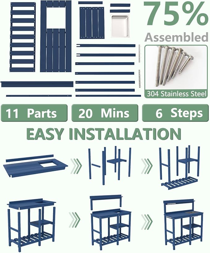 FOOWIN Potting Bench, HDPE Outdoor Potting Table with Sink, All-Weather Potting Benches for Outside, Gardening Table with Storage Shelf, Hook, for Garden, Patio, Lawns, Navy Blue