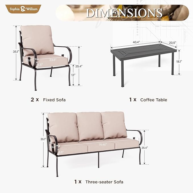 Sophia & William 4 Piece Patio Furniture Set, Outdoor Conversation Sets 5 Seat Clearance with 3-seat Sofa x 1, Cushioned Chair x 2, Metal Coffee Table x 1 for Backayrd Lawn, Beige