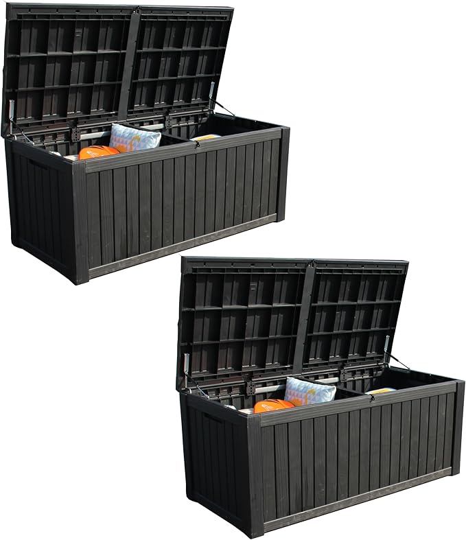 BTEXPERT 150 Gallon Large Resin Outdoor Deck Box for Patio Furniture Cushions Garden Tools Waterproof Lockable Stainless Steel Metal insert rod