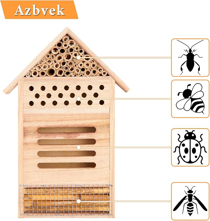 Wooden Insect House Hotel for Bee, Butterfly, Ladybirds, Beneficial Insect Habitat, Bug Hotel Garden 11.7" x 7.7" (A)