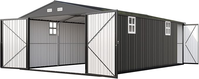 AMERLIFE 13.2x21x8 FT Outdoor Metal Garage Shed, Extra Large Storage Shed with Double Hinged Doors, 4 Windows, Carport for Car, Truck, Bicycle and Garden Equipment, Dark Gray