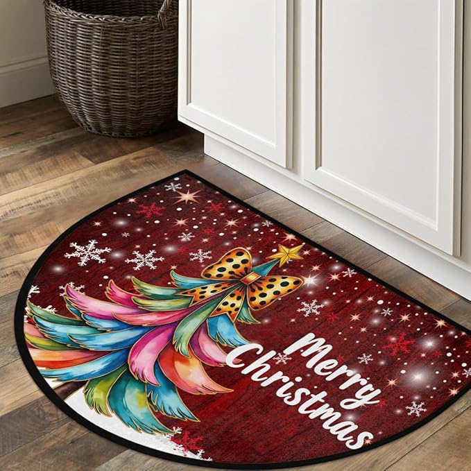 Christmas Half Round Door Mat, Merry Christmas Tree Snowflakes Semicircle Door Mats, Non Slip Area Rug Soft Doormat for Indoor Entrance Wear Resistant Welcome Mat for Garage Patio Home 24 x 36 In