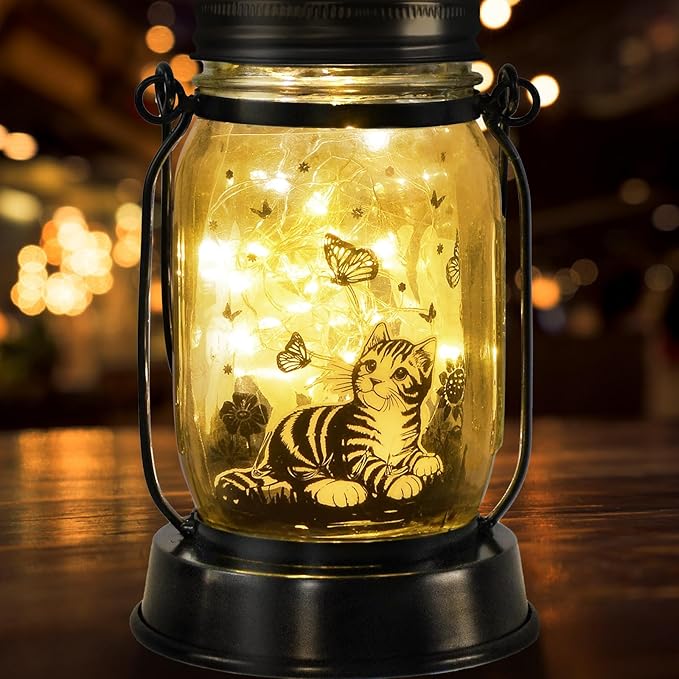 Cat Gifts Cat Solar Lanterns Cat Solar Lights Outdoor Cat Lover Gifts for Women Men Cat Lovers Gifts Hanging Cat Lanterns with Stake for Yard Lawn Garden Decor Waterproof Cat Butterfly Lantern Torches