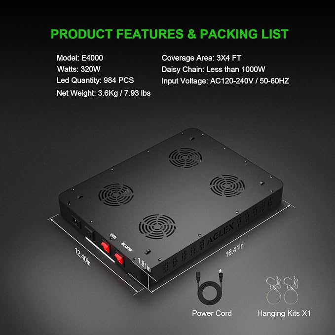 AGLEX E4000 LED Grow Light, Full Spectrum Grow Light with UV IR Diode, Grow Light for Indoor Plants with Daisy Chain & Built-In Silent Fan, Plant Growing Lamps for 3x4 FT Coverage, Veg Bloom Daul Mode