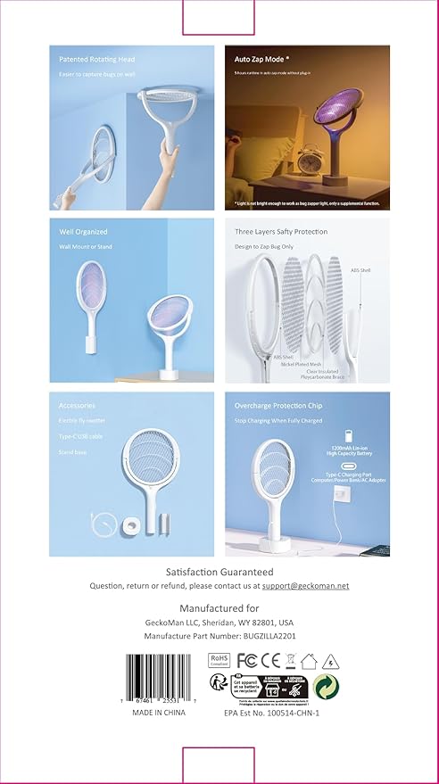 GeckoMan Rotating Head Electric Fly Swatter Racket Rechargeable Bug Zapper Racket Bug Zapper Indoor Fly Zapper Mosquito Zapper Flies Killer for Indoors