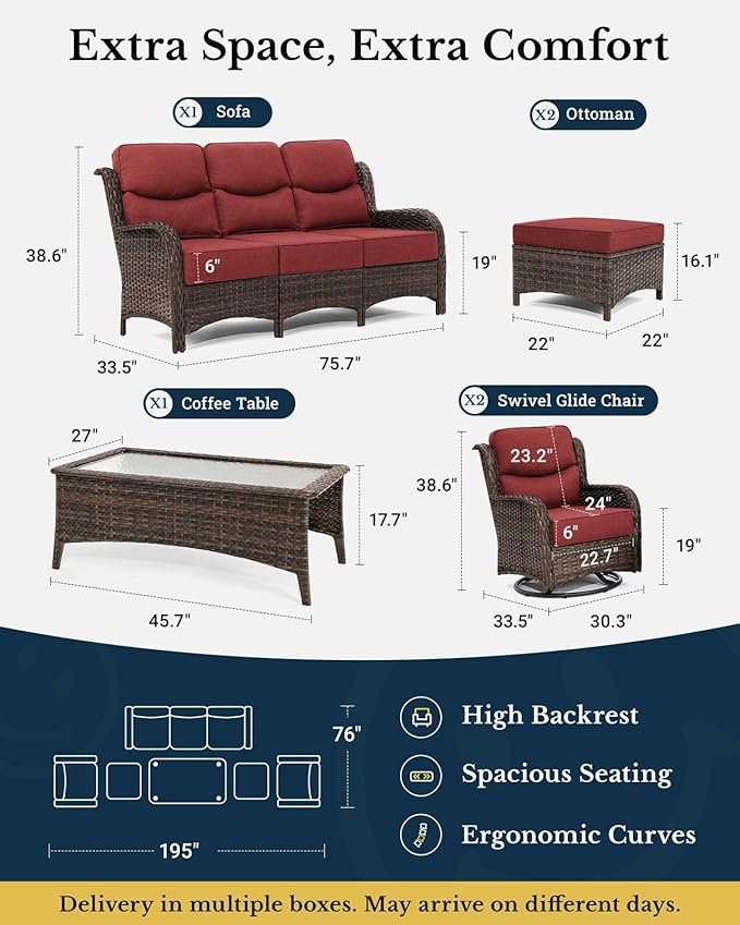 HILLGA Luxury High Back Patio Furniture Set with 6-Inch Thick Cushion, 6-Piece Outdoor Conversation Set with Sofa, Swivel Rocker Chairs & Ottomans, Ideal for Porch Pool Deck Yard (Burgundy)