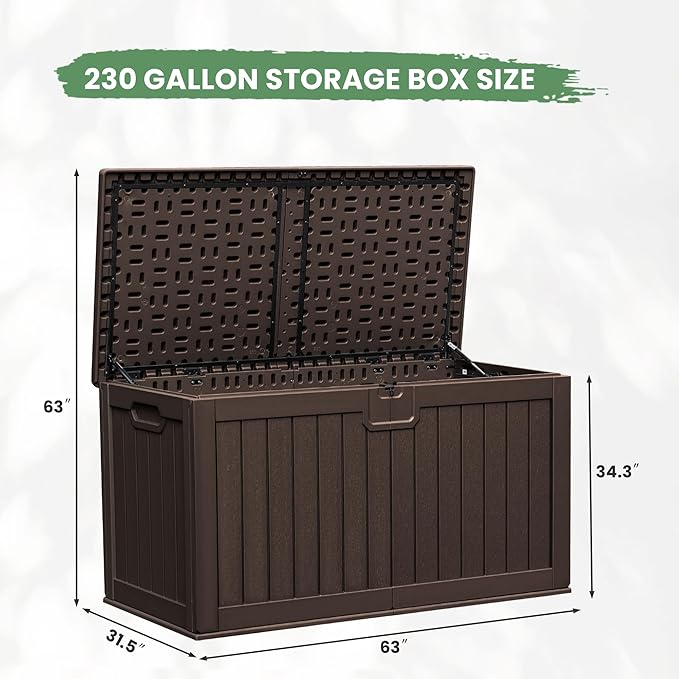 Greesum 230 Gallon HDPE Outdoor Storage Box with Removable Dividers, Weatherproof Oversized Deck Box for Patio, Garage, Garden, Brown