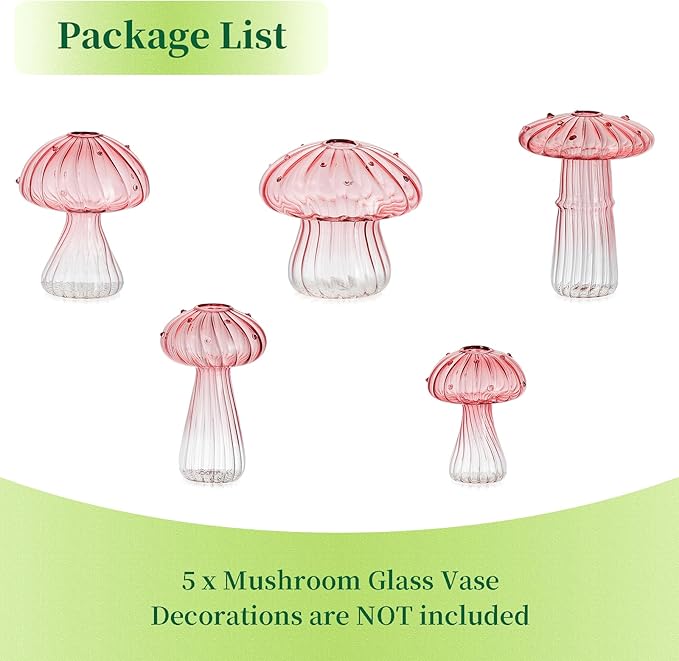 Hewory Mushroom Jars for Plants, 5pcs Pink Glass Mushroom Bud Vase for Flowers, Unique Plant Propagation Stations Propagating Vases Decor, Mini Cute Hydroponic Terrarium Planter for Indoor Planters