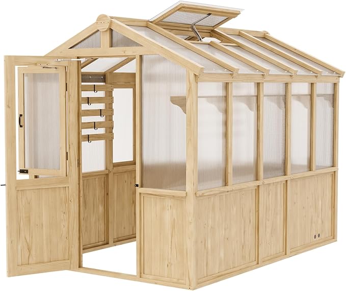 EAGLE PEAK 6.7x9.7x7.7 ft Wood and Polycarbonate Walk-in Greenhouse, Cedar Hobby Green House with 2 Roof Vents, Natural