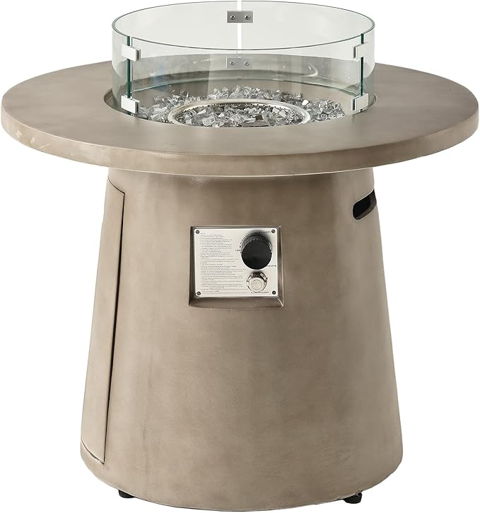 HOMPUS Outdoor Propane Fire Pit, 31-inch Round Gray Propane Fire Pit with 10lbs Aqua Transparent Gray Fire Glass, 40000 BTU Gas Smokeless Fire Pit, Patio Concrete Fire Pit with Lava Rocks & Rain Cover