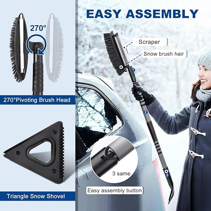 57" Long Snow Brush Ice Scraper | Extendable | Multipurpose | Easy to Use | Antifreeze Gloves | 270° Pivoting | Snow Ice Removal | Fit for Car SUV MPV Truck Van Windshield Window Roof Gift