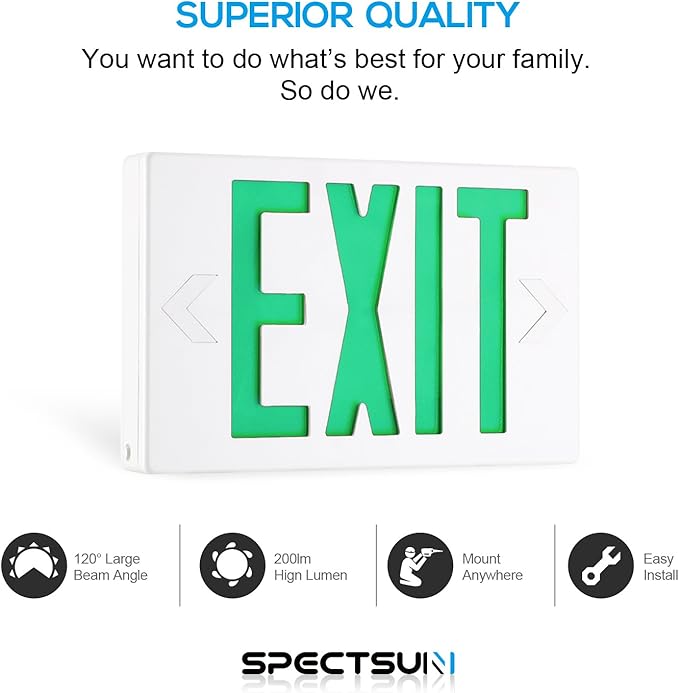 SPECTSUN 1 Pack Led Green Exit Sign with Battery Backup, LED Exit Sign, Emergency Exit Light with Battery Backup, Double Face, UL 924, AC 120/277V, Damp Location, Hardwired Red Letter Exit Lights for Business.