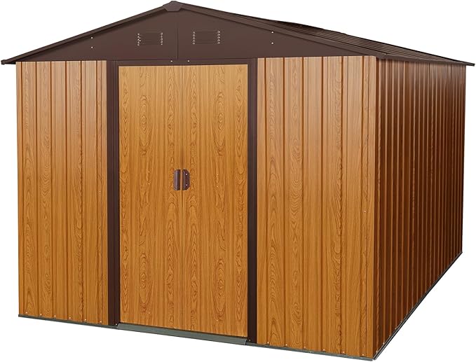 8x10 FT Outdoor Storage Shed, Metal Garden Shed with Frame Floor, Outside Tool Shed with Lockable Sliding Doors, Waterproof Storage Building with Sloped Roof for Backyard, Patio, Lawn, Coffee