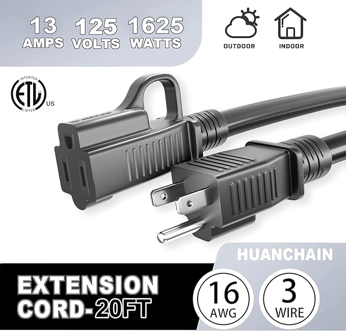 HUANCHAIN Indoor Outdoor Black Extension Cord 20 ft Waterproof, 16/3 Gauge Flexible Cold-Resistant Appliance Extension Cord Outside, 13A 1625W 16AWG SJTW, 3 Prong Heavy Duty Electric Cable, ETL