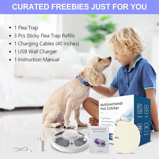 Updated Flea Traps for Inside Your Home with 3 Sticky Pads and USB Cable, Flea Light Traps for Home, Hanging Pest Control Device for Bugs Moths Gnats, Effective Indoor Outdoor