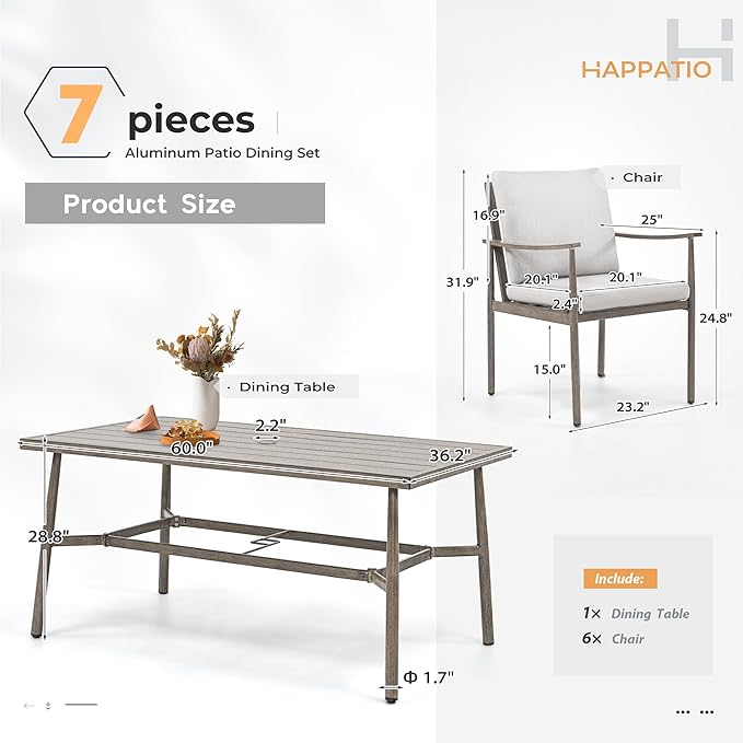 HAPPATIO 7-Piece Outdoor Dining Set for 6, Aluminum Patio Dining Set Includes 6 Dining Chairs and 1 Large Rectangular Table with Umbrella Hole, Patio Furniture Set for Lawn, Porch, Backyard, Grey