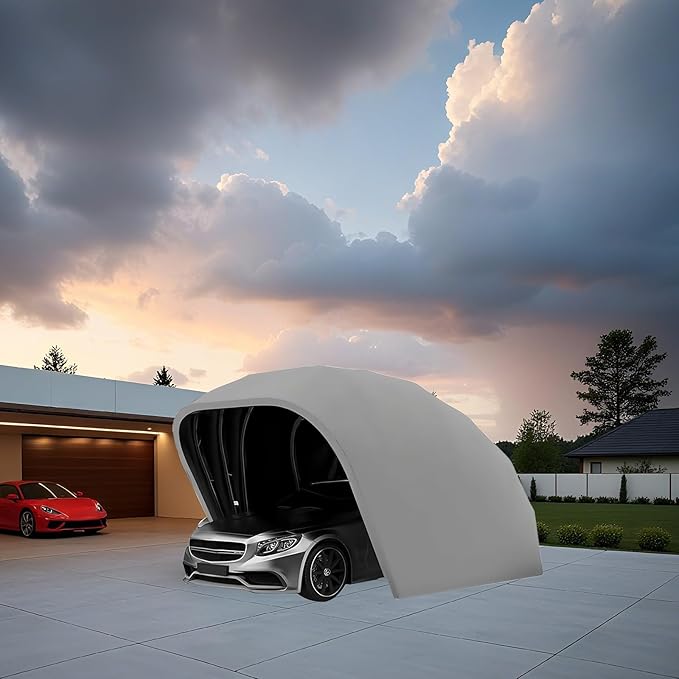 Stainless Steel Grey Carport, Heavy Duty Retractable Car Awning, Foldable Semi-Automatic Durable Shelter, Windproof and Snow-Proof, 600D Heavyweight Oxford Cloth, for Outdoor