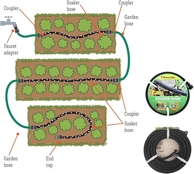 Taisia 1/2’’ Soaker Hose 15 FT Water Drip Garden Hose Drip Irrigation Hose Saves 70%Water Heavy Duty Rubber Round Soaker Hose for Garden, Lawn