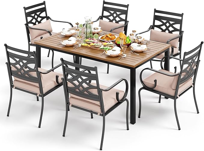 PHI VILLA 7 Pcs Patio Dining Set,Outdoor Table Chair Set for 6 with Outdoor Chairs and Metal Frame Steel Rectangular Table,Outdoor Dining Furniture with Cushion and Pillow for Garden Lawn Deck