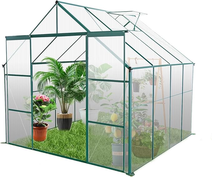 8X8 FT Greenhouses for Outdoors,Polycarbonate Greenhouse, Aluminum Heavy Duty Walk-in Green Houses, Adjustable Roof, Raised Base and Double Sliding Door for Outside Backyard, Green
