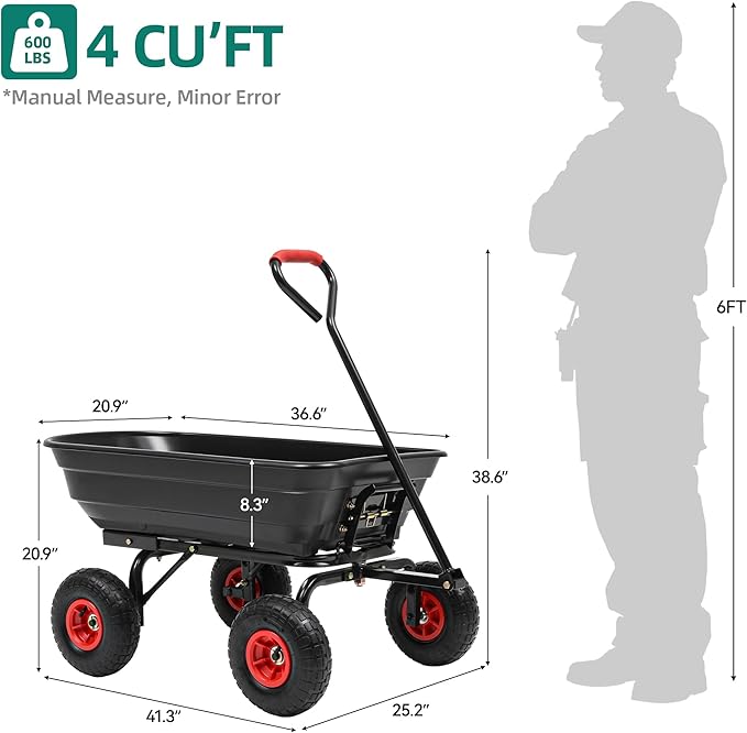 600lb Garden Dump Cart,4 Cu.Ft Utility Wagon Wheelbarrows with Quick-Release System&4 Pneumatic Tires,Heavy Duty Yard Dump Wagon with Steel Frame for Yard, Farm, Garden(Black)