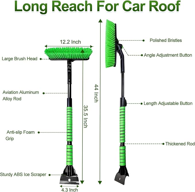 SEAAES 44 Inch Ice Scraper and Snow Brush for Car Windshield, Extendable Snow Removal Brush with Foam Grip for Truck SUV Vehicle Window - Green