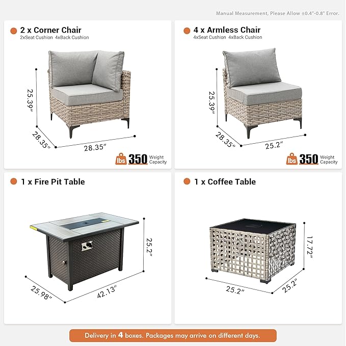 Outdoor Sectional Patio Furniture Set with Fire Pit Table and Glowing Table,8 Pieces Wicker Conversation Sets L Shaped Couch Out Door Sofa Set Outside Furniture for Garden Deck Yard,Dark Grey