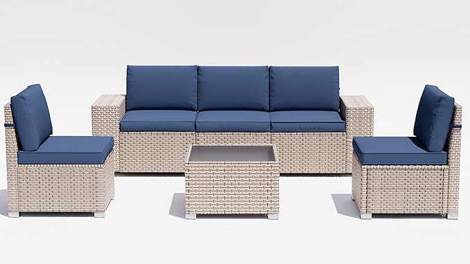 6 Pieces Patio Furniture Set, Outdoor Sectional Wicker Sofa with Thickened Cushions and Coffee Table, High Back Rattan Patio Conversation Sets for Garden Backyard, Navy