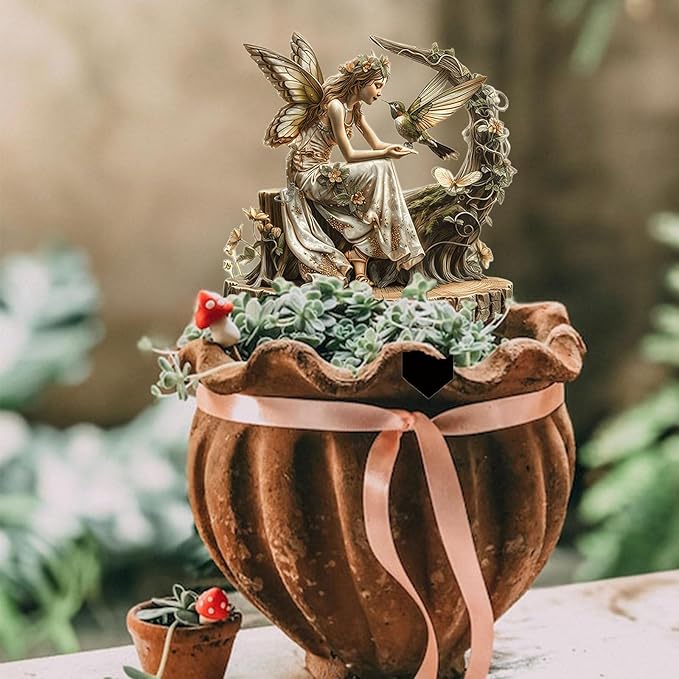 Fairy Garden Stake Decor, 2D Flat Acrylic Fairy Garden Decor Panel, Elf Yard Sign for Outdoor Indoor Yard Lawn Plants Pots, Fairy Garden Accessories (Flower Fairy with Hummingbird)