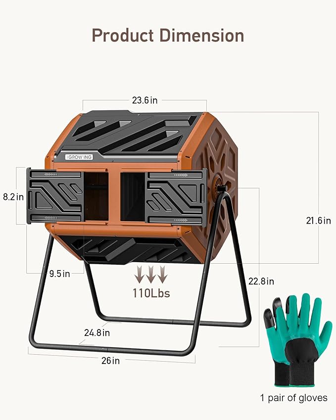 THEGROW'ING Updated 43 Gallon Compost Bin Outdoor, Fast Assemble Tumbling Composter, Dual Chamber Composter Tumbler, Rotating Compost Bin for Outside, Backyard, Garden and Yard, Orange
