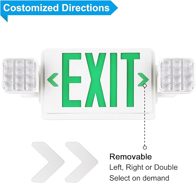 SPECTSUN 4 Packs Led Green Exit Sign with Emergency Lights, LED Emergency Exit Light with Battery Backup, UL Listed, AC 120/277V, Commercial Emergency Lights Combo for Business.