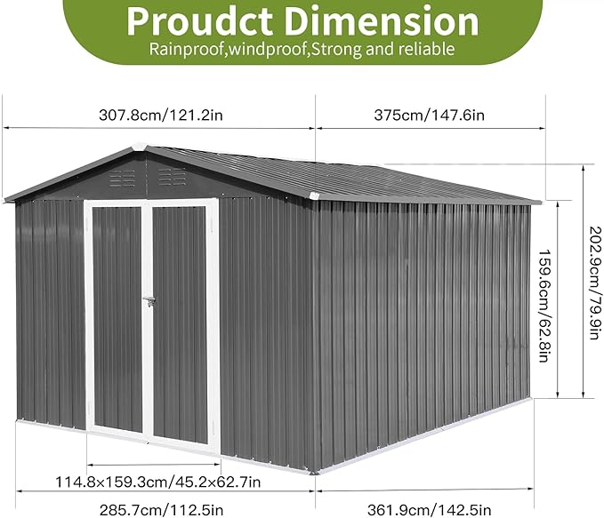 12x10FT Heavy-Duty Metal Storage Shed, Extra-Large Outdoor Shed with Apex Roof, Steel Vents & Hinged Door, Includes Free Padlock for Secure Tool & Equipment Storage (Easy Assembly)