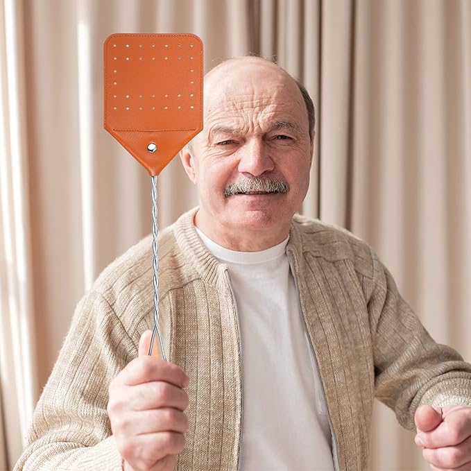 Zopeal 4 Pcs Sturdy Leather Fly Swatter 17 Inch Long Handle Manual Swat Heavy Duty Metal Handle Flyswatter Rustic Fly Swatter for Indoor Outdoor(Royal Blue, Black, Khaki, Dark Brown)